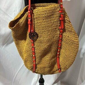 Michael Kors Large Straw Shopper Beach Tote Gold Studded Orange Straps